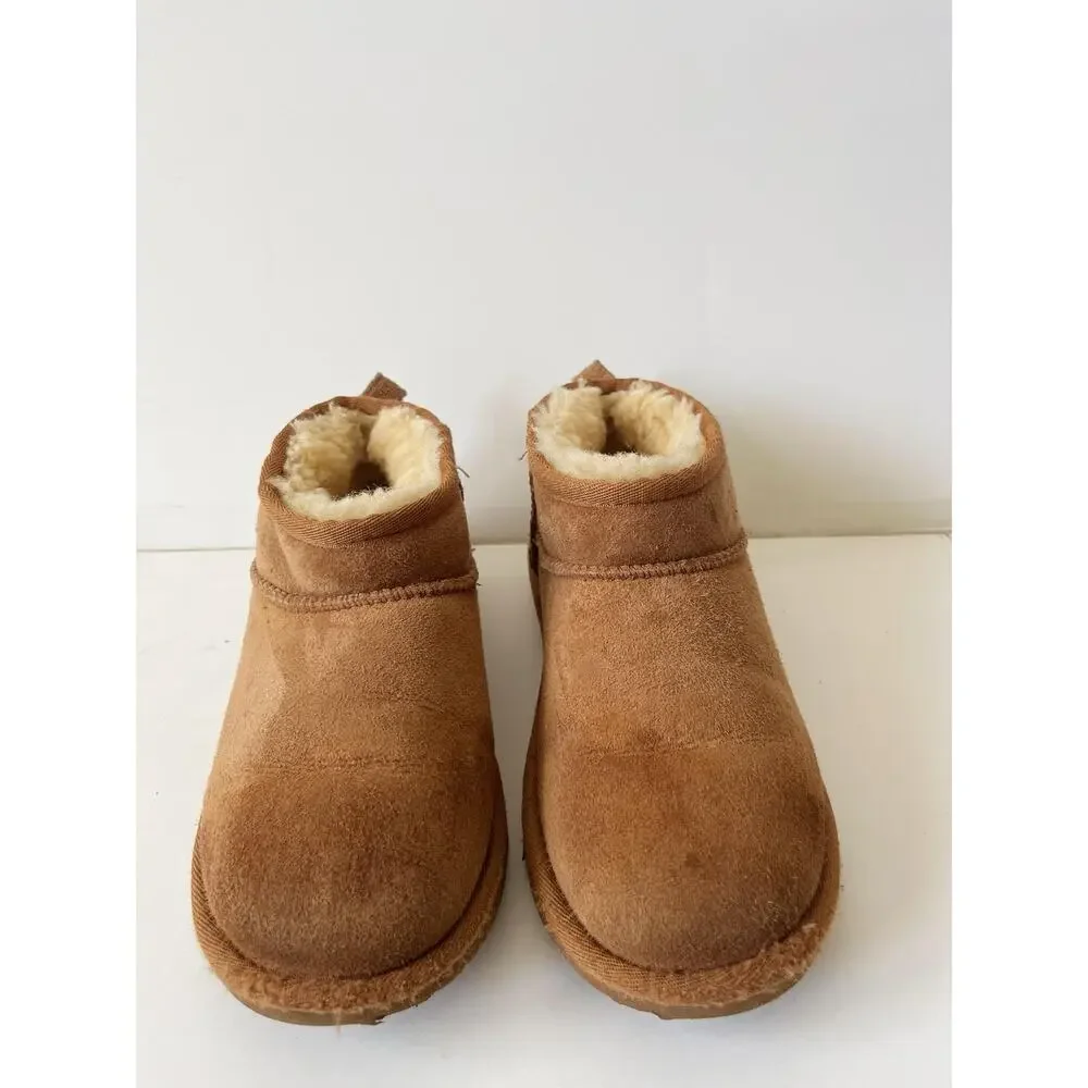 UGG Shearling Boots Kids Size 3 Brown Suede Lined Ankle Pull On Winter Cozy
